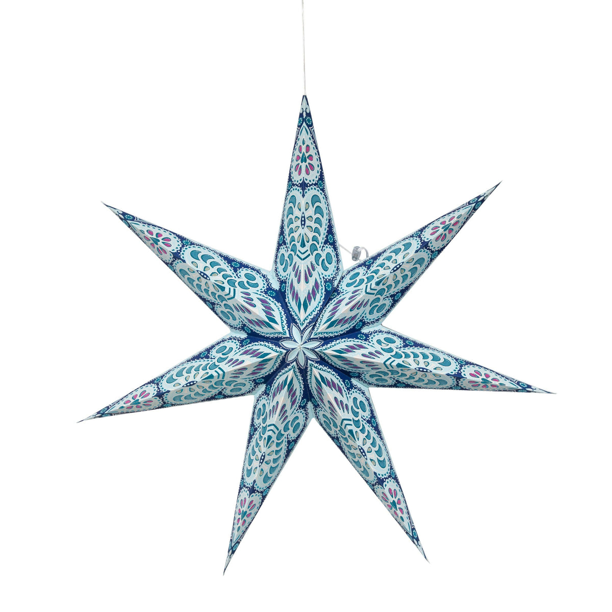 Phoenix Turquoise w/ Glitter Paper Star Lantern Light, 7 Point 23&quot; Blue