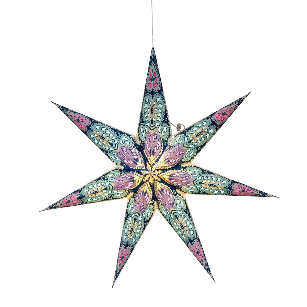 Phoenix Turquoise w/ Glitter Paper Star Lantern Light, 7 Point 23&quot; Blue