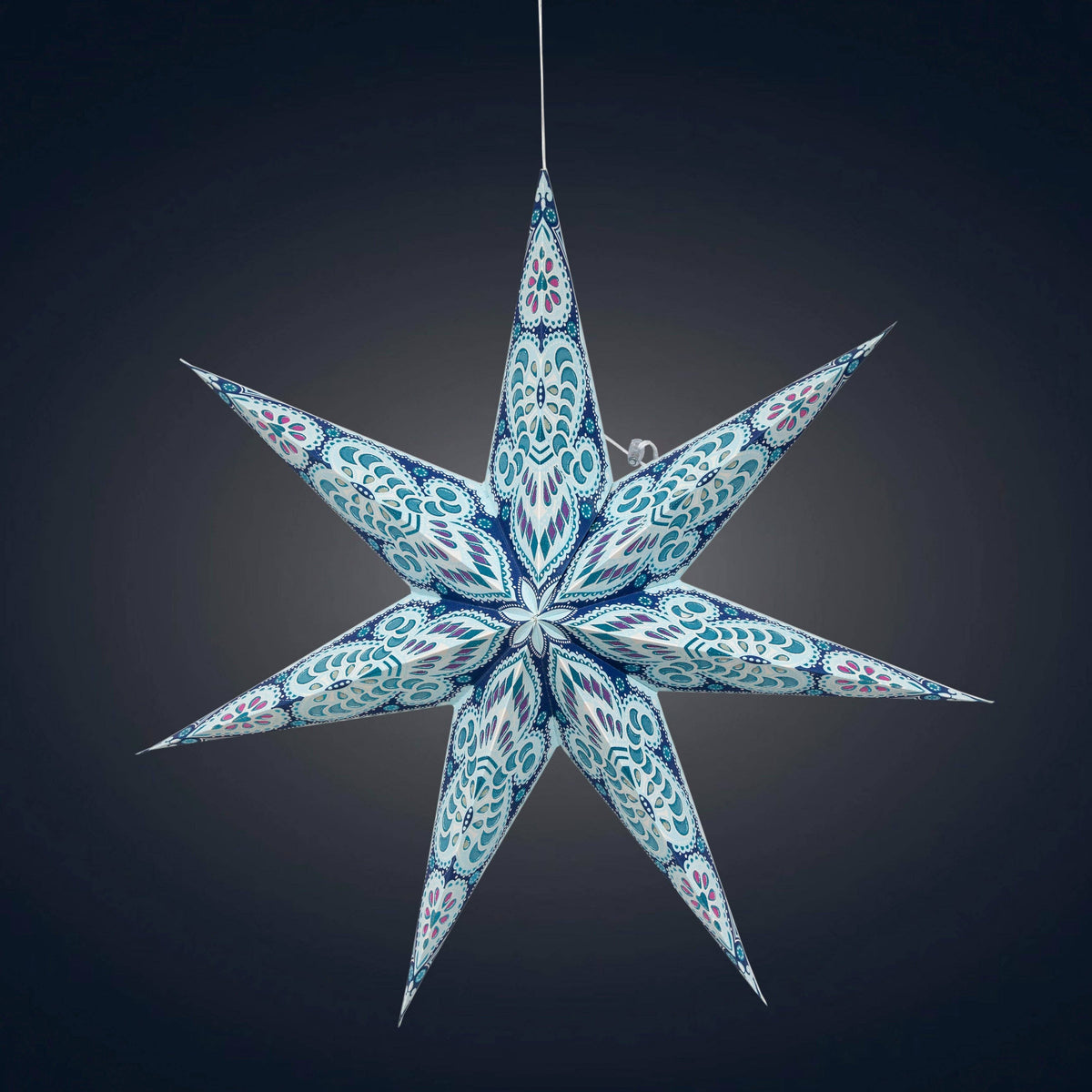 Phoenix Turquoise w/ Glitter Paper Star Lantern Light, 7 Point 23&quot; Blue